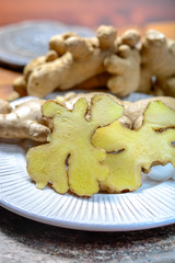 Fresh raw ginger root from China close up