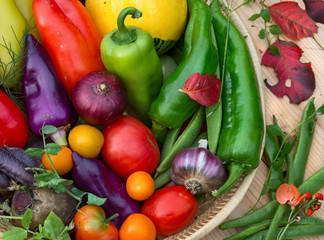 Still life with colorful vegetables top view full frame.