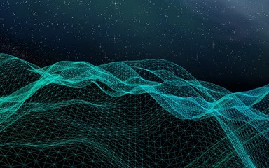 Abstract landscape on a dark background. Star horizon. Cyberspace grid. Hi-tech network. Outer space. Starry outer space texture. 3D illustration