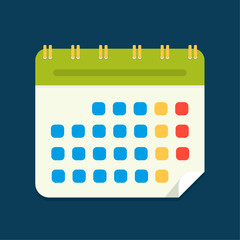 Rounded Green Calendar with bent corner. Isolated Flat Web Mobile Icon on Dark Background.