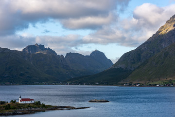 Natural mountain landscape with seaview at summer in Lofoten, Norway.