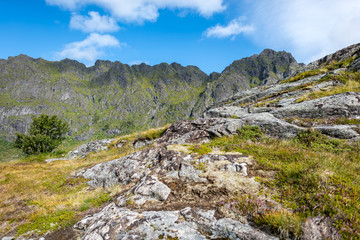 Natural mountain landscape at summer in Lofoten, Norway.