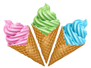 Green tea, strawberry and blue soft ice cream in cone on white background 