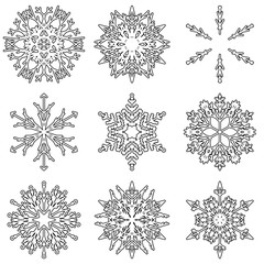 Vector collection of artistic icy abstract crystal snow flakes isolated on background as winter december decoration group or collection. Ice or frost beautiful star ornament silhouette or season art