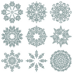 Vector collection of artistic icy abstract crystal snow flakes isolated on background as winter december decoration group or collection. Ice or frost beautiful star ornament silhouette or season art