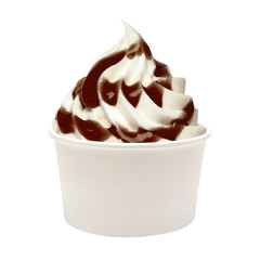 Soft ice cream or Vanilla frozen yogurt with chocolate sauce in white blank takeaway cup isolated...