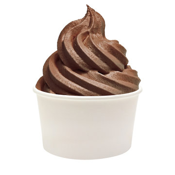 Soft ice cream or Chocolate frozen yogurt with chocolate sauce in white blank takeaway cup isolated on white background