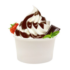 Soft ice cream or Vanilla frozen yogurt with chocolate sauce in white blank takeaway cup isolated...