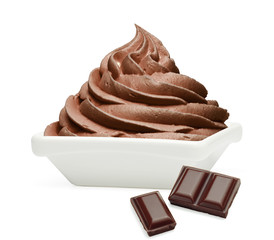 Soft ice cream or chocolate frozen yogurt  with broken chocolate in white bowl or cup isolated on white background