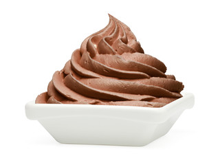 Soft ice cream or chocolate frozen yogurt in white bowl or cup isolated on white background