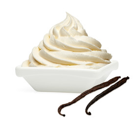 Soft ice cream or Vanilla frozen yogurt with vanilla pods in white bowl or cup isolated on white background