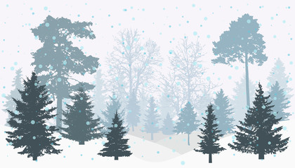 Winter snowy forest (trees) silhouette. Vector illustration.