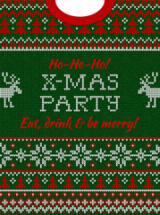 Ugly sweater Christmas party invite. Knitted background pattern scandinavian ornaments.