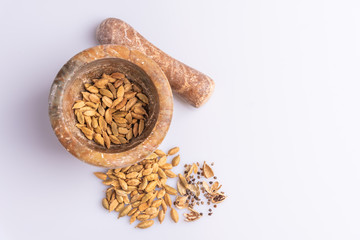 Dry Cardamom isolated on white background, latin term Elettaria cardamomum