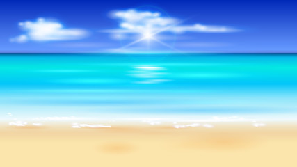 Fototapeta premium azure ocean, blue sky with white fluffy clouds, white sand deserted tropical beach - illustration for a tourist theme