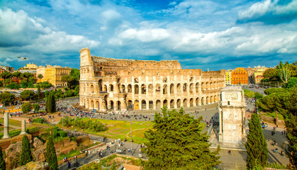 Fototapeta na wymiar Aerial scenic view of Colosseum in Rome, Italy. Colosseum is one of the main attractions of Rome. Rome architecture and landmark.