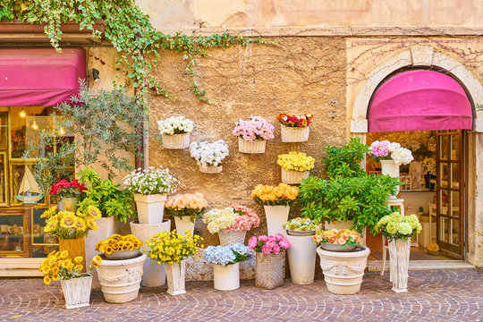 Colorful flowerpots in front of an old house in Bardolino at Lake Garda in Italy
