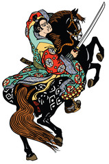 Japanese noble samurai horseman  sitting on a rearing pony horse and holding a sword . Graphic style vector illustration 