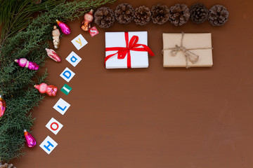 Christmas background new year coniferous branches presents winter postcard