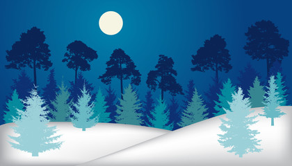 Night forest (fir trees, pines), winter landscape, silhouette. Vector illustration