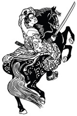 Japanese noble samurai horseman  sitting on a rearing pony horse and holding a sword . Black and white tattoo style vector illustration