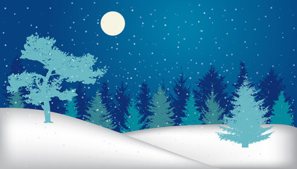 Winter landscape. Snowy night forest (fir trees, pine), silhouette. Vector illustration
