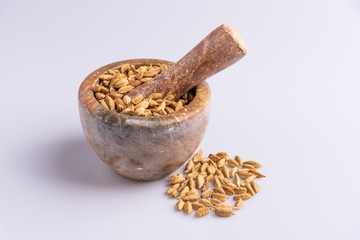 Dry Cardamom pod in a stone mortar, isolated on white background, latin term Elettaria cardamomum,  with copy space, angle view, soft light. 