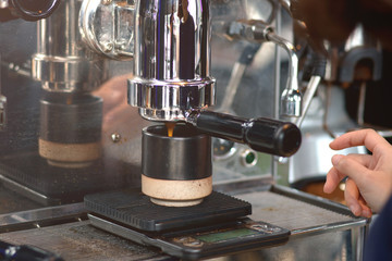 Barista prepares cappuccino in coffee shop