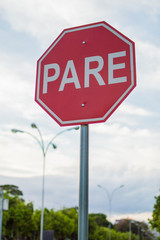 Red stop sign seen from close up