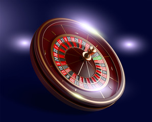 Casino roulette wheel isolated on blue background. 3d realistic vector illustration. Online poker casino roulette gambling concept design.