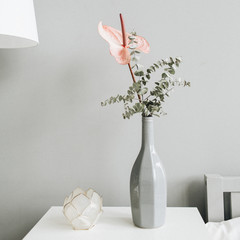 Floral bouquet of pink anthurium flower and eucalyptus branch in bottle on table at pastel wall. Minimal modern trendy interior design concept. - obrazy, fototapety, plakaty