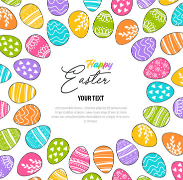 Happy Easter - greeting card. Unique design with eggs. Vector illustration in modern style. Template for card, invitation, flyer, leaflet, banner in thin linear design. 