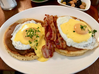 Salty Pancakes with Eggs and Crispy Bacon for Breakfast.
