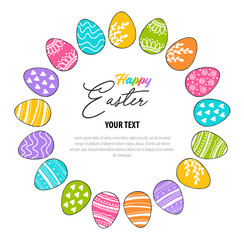 Easter wreath round with colored Easter eggs on white background. Decorative frame. Unique design for your greeting cards leaflet, banner in thin linear design. Vector in modern style.