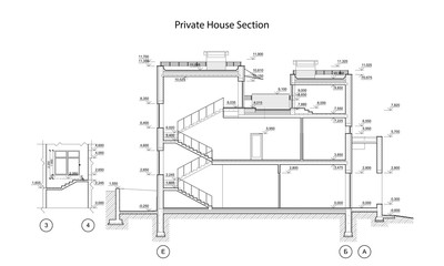 Private house section, detailed architectural technical drawing, vector blueprint