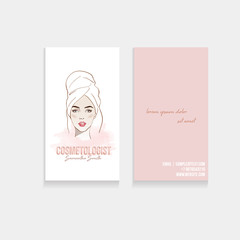 Makeup artist or cosmetologist business card. Vector template with woman Portrait beautiful in white bath towel. Fashion and beauty. Template Vector. Spa treatments. Skin care. Beauty spa concept.
