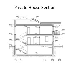Private house section, detailed architectural technical drawing, vector blueprint
