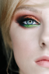 Half face of beauty young girl portrait professional Makeup with green and brown eyes - beige Lipstick, Smoky eyeshadow