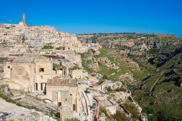 Panoramic beautiful view of Sassi or stones of Matera, European capital of culture 2019, Basilicata, Italy