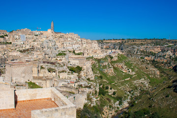 Panoramic beautiful view of Sassi or stones of Matera, European capital of culture 2019, Basilicata, Italy