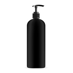 Black dispenser pump cosmetic bottle mockup. Lpastic jar with pump head lid for cream, lotion, gel, moisturizer, liquid soap or water. 3d Vector packaging container.