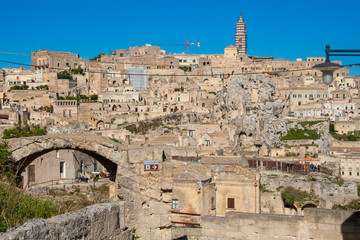 Panoramic beautiful view of Sassi or stones of Matera, European capital of culture 2019, Basilicata, Italy