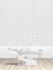 3d illustration rendering of dentist's chair against white mosaic tiled wall background