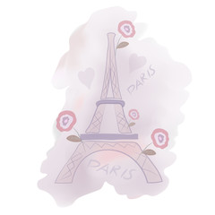Fototapeta na wymiar Romantic Paris. Background vector pattern with Eiffel tower, hearts and rose.