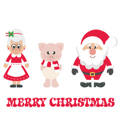 winter cartoon pig with scarf and santa claus and cartoon mrs santa and christmas text