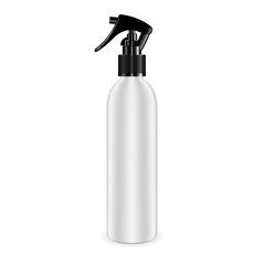 Spray bottle for cosmetic and other products. Isolated white blank container mockup with black dispenser head. Realistic vector template.