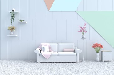 White pastel living room decor with pastel sofa, pastel wall, orchid, tulip, rose, carpet. Christmas's day, new year and happy room. 3d render.