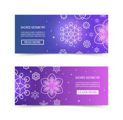 Sacred geometry ornament luminous shiny galaxy star modern futuristic banner set. Cosmic design violet neon luminescent glow ornamental background template. EPS 10 vector backdrop. Clipping masks