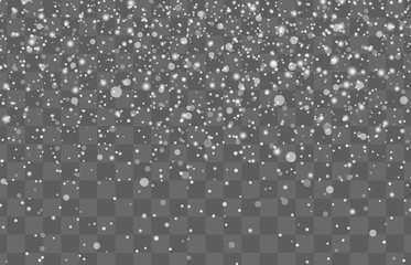 Christmas background with falling snow on transparent background. Shine winter holiday pattern. Vector illustration 