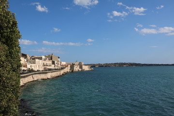 Fototapeta na wymiar Port and Foro Vittorio Emanuele II in Ortigia Syracuse, Sicily Italy 